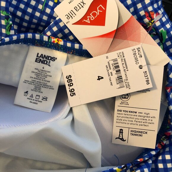 Lands End Chlorine Resist High Neck UPF 50 Modest Tankini Top Blue Checker 4 - Picture 3 of 3